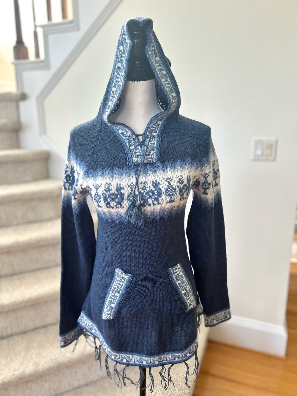 Blue & White Knit Alpaca Hooded Tassel Sweater